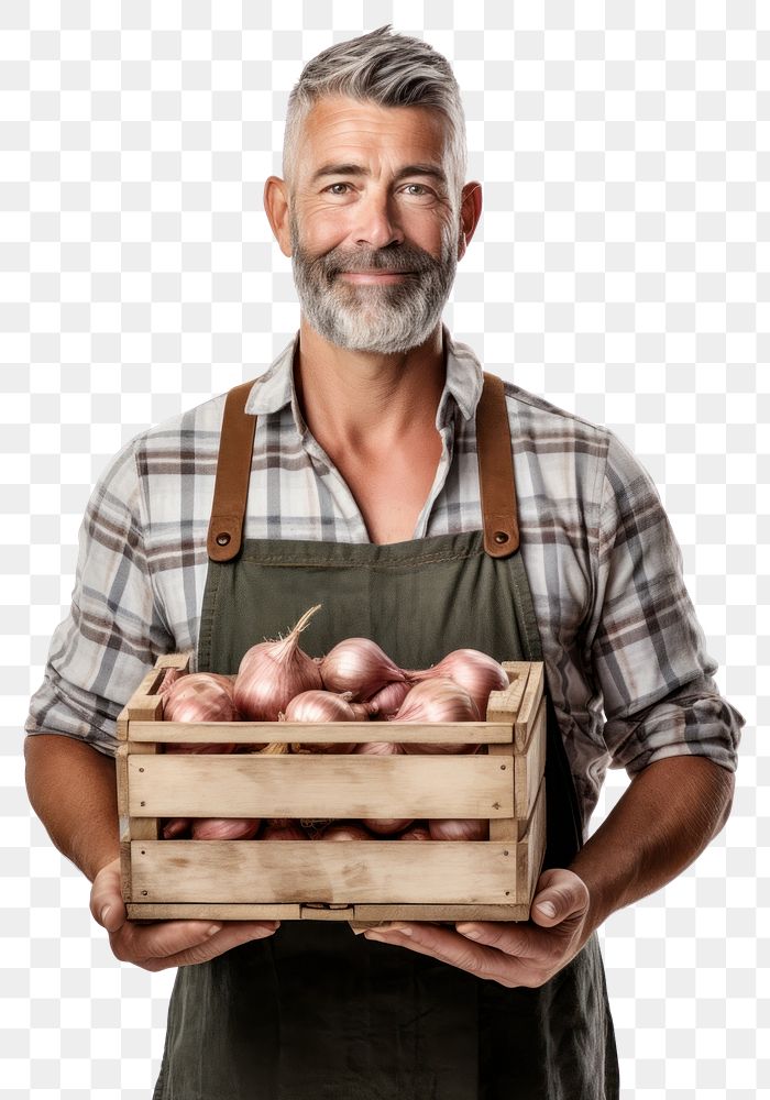 PNG  Male farmer holding onion crate adult agriculture blacksmith. AI generated Image by rawpixel.