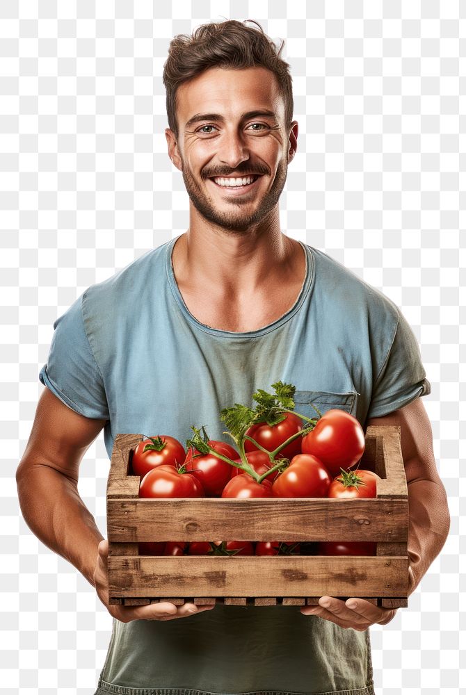 PNG  Male farmer holding tomato crate adult food agriculture. AI generated Image by rawpixel.