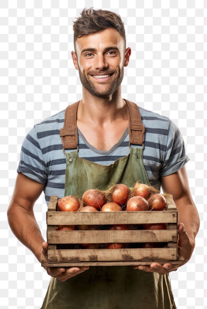 PNG  Male farmer holding onion crate vegetable adult plant. AI generated Image by rawpixel.