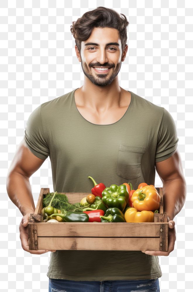 PNG  Male farmer holding vegtables crate vegetable adult plant. AI generated Image by rawpixel.