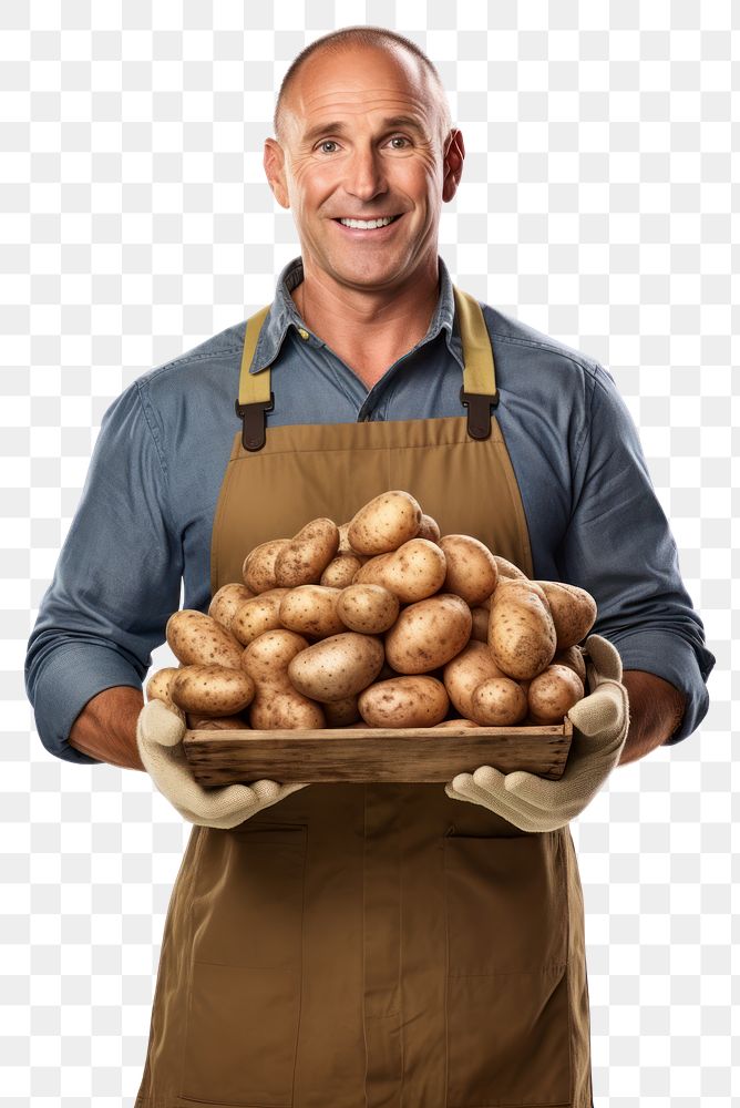 PNG  Male farmer holding potato crate vegetable adult food. AI generated Image by rawpixel.