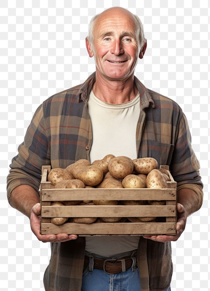 PNG  Male farmer holding potato crate vegetable adult plant. AI generated Image by rawpixel.
