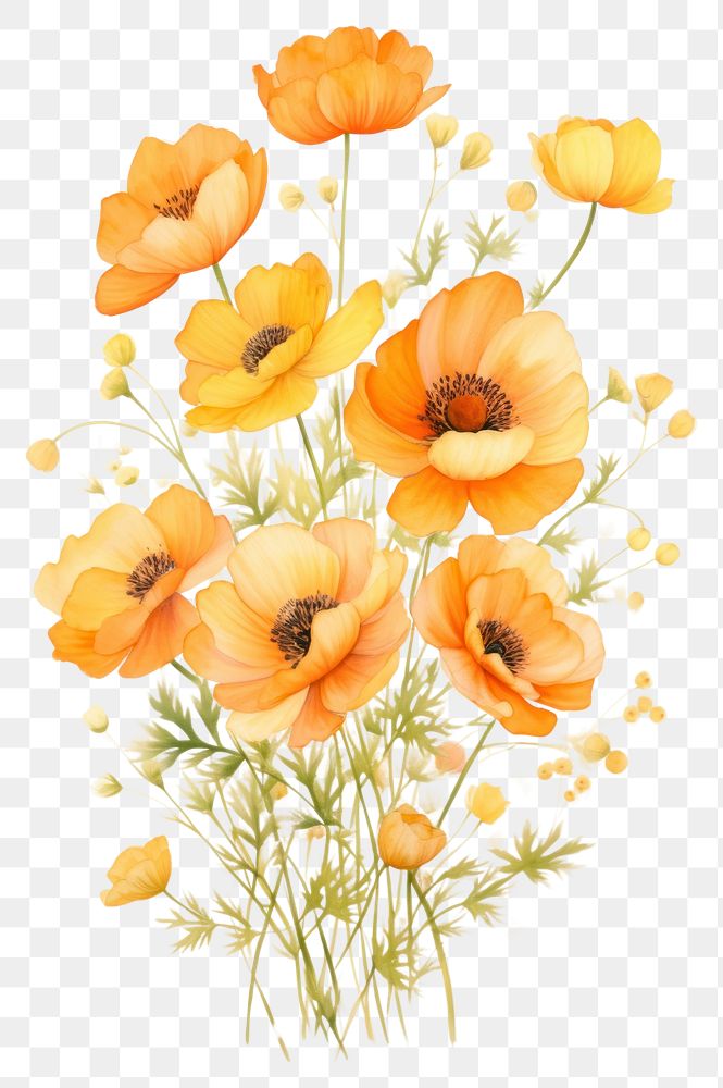 PNG  Bouquet of orange tone flowers painting plant petal. AI generated Image by rawpixel.