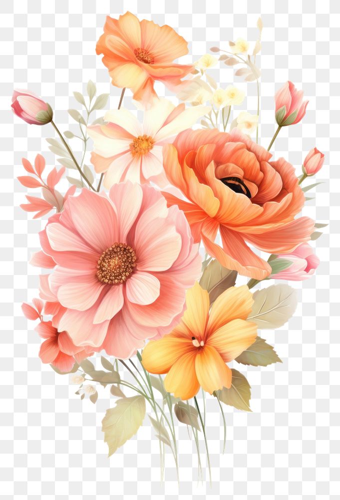 PNG  Pink and orange flowers bouquet petal plant white background. AI generated Image by rawpixel.