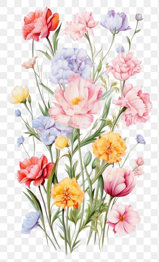 PNG  Bouquet of pastel tulips and carnations blossom pattern flower