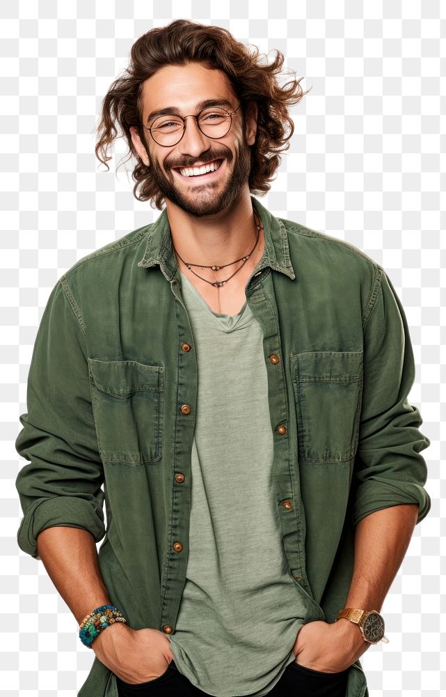 PNG Authentic caucasian bearded man with glasses of toothy smiling dressed casual laughing portrait adult. AI generated…