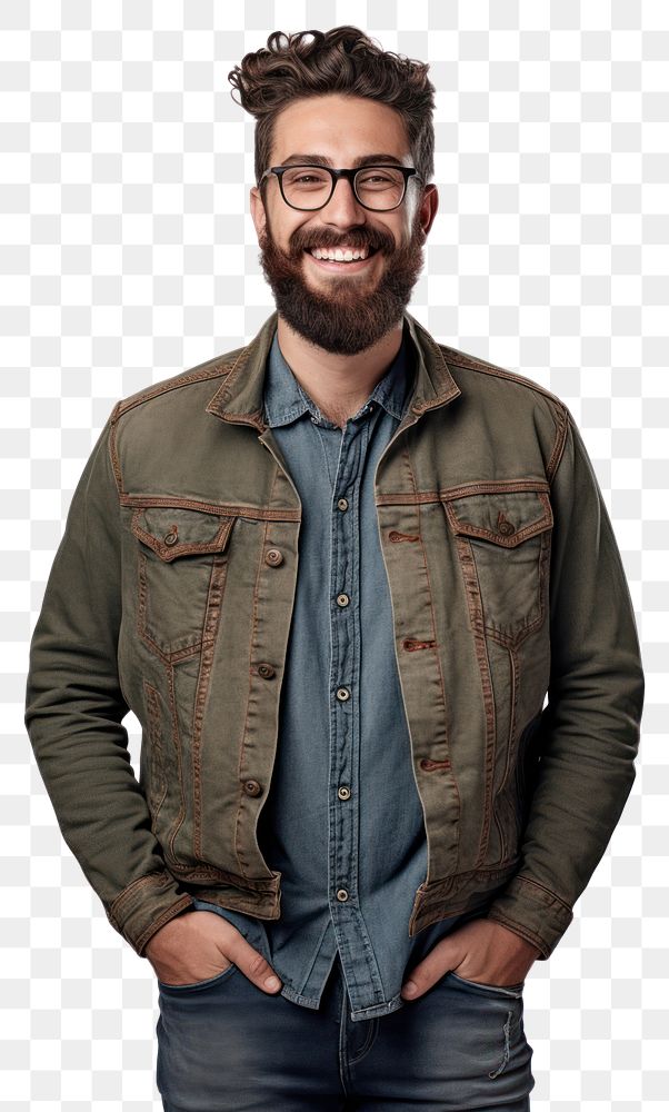 PNG Authentic caucasian bearded man with glasses of toothy smiling dressed casual and crossed his arms portrait jacket…