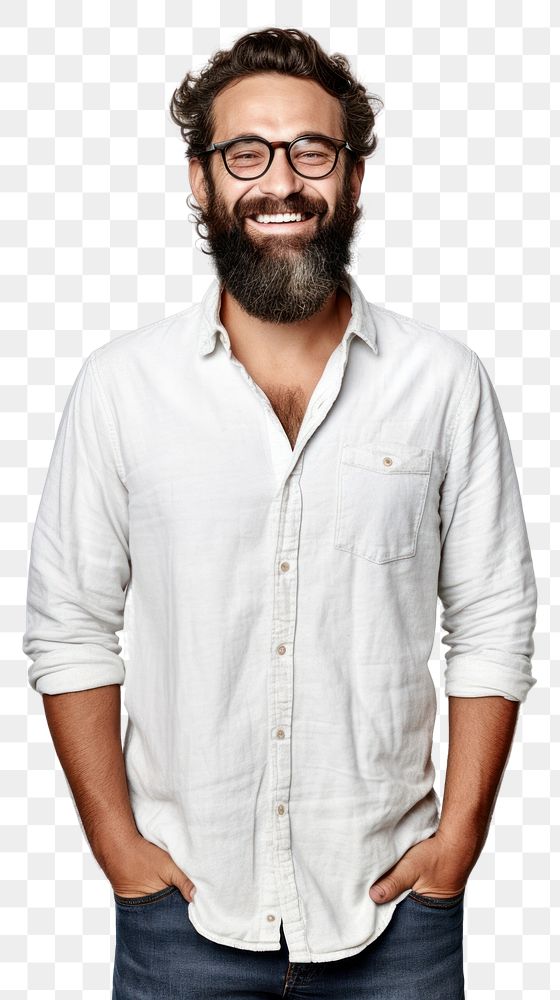 PNG Authentic caucasian bearded man with glasses of toothy smiling dressed casual portrait sleeve shirt. AI generated Image…