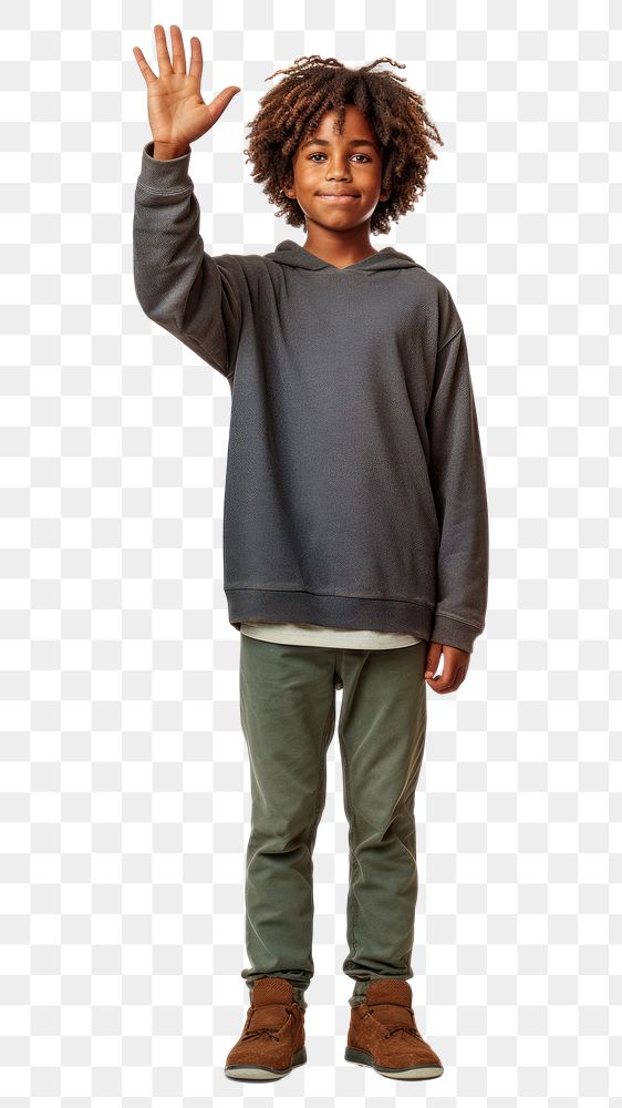 PNG  Black kid standing raising hand sweatshirt sleeve architecture. AI generated Image by rawpixel.
