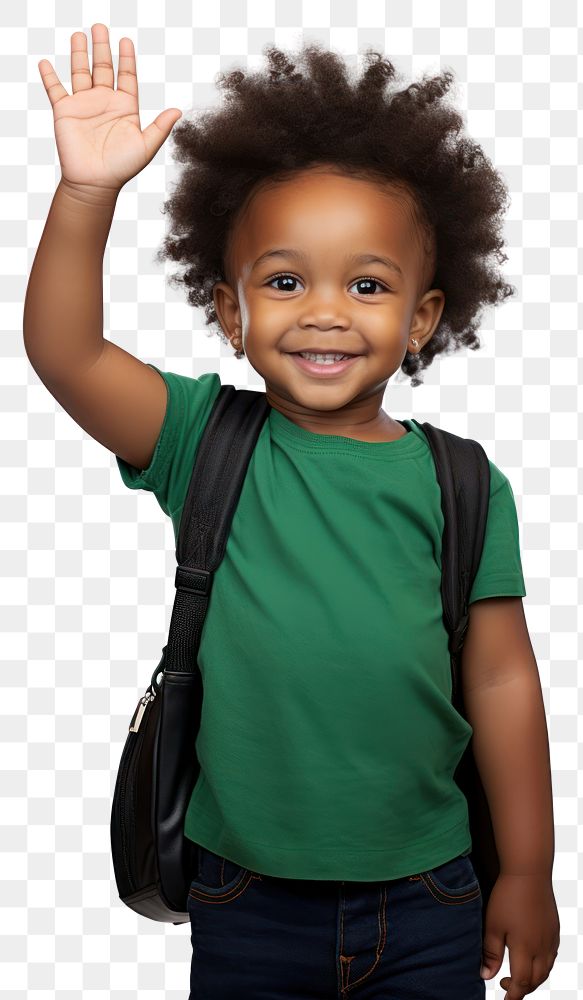 PNG  Black kid standing raising hand portrait photo happy. AI generated Image by rawpixel.