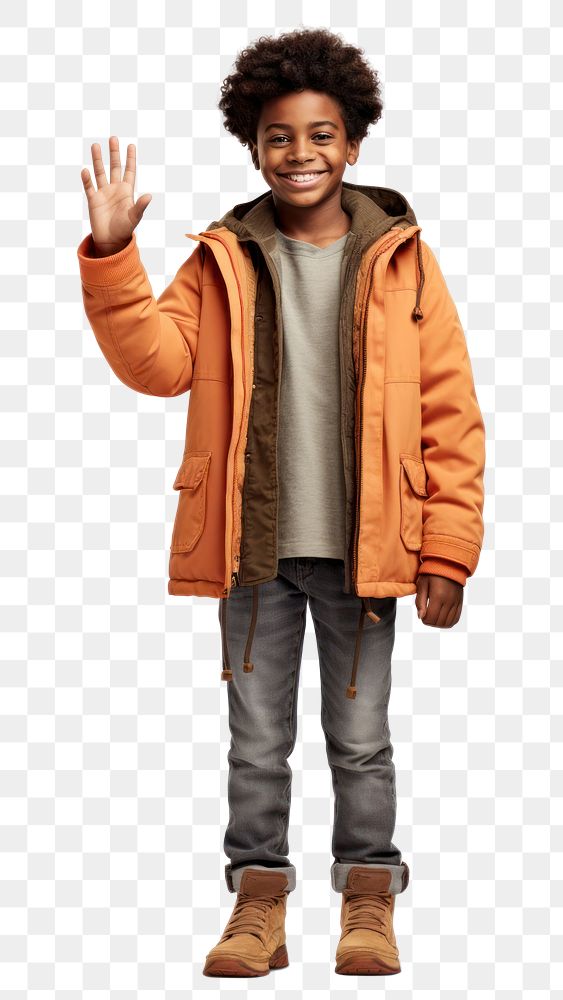 PNG  Black kid standing raising hand jacket child happy. AI generated Image by rawpixel.