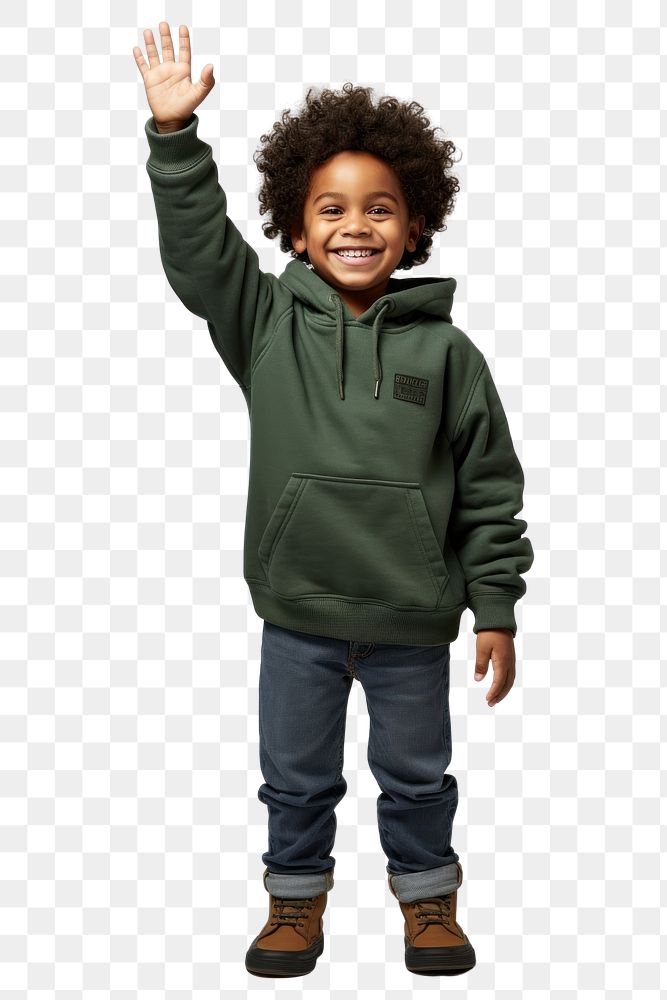 PNG  Black kid standing raising hand sweatshirt portrait child. AI generated Image by rawpixel.