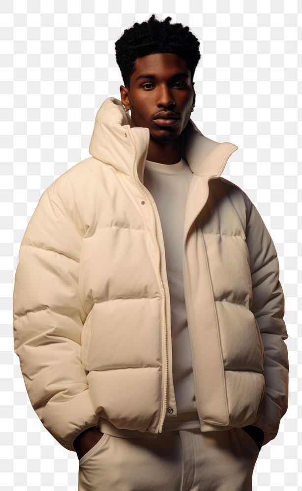 PNG Black man wearing a white puffer jacket and jeans sweatshirt adult studio shot. AI generated Image by rawpixel.