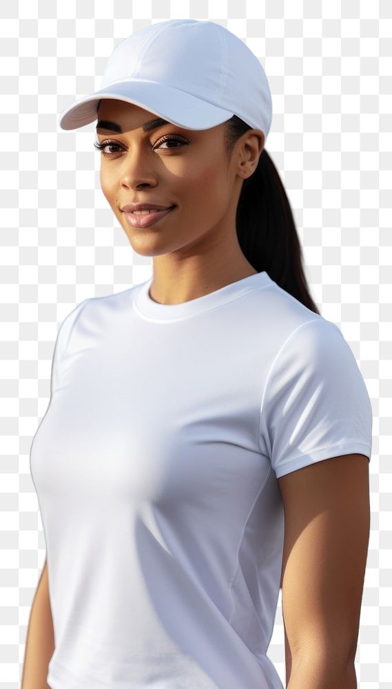 PNG Black young woman wearing a white tank top and back cap standing t-shirt adult. AI generated Image by rawpixel.