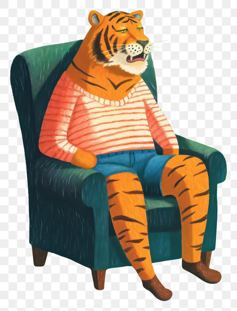 PNG Tiger wearing pants sitting on an armchair furniture animal mammal. AI generated Image by rawpixel.