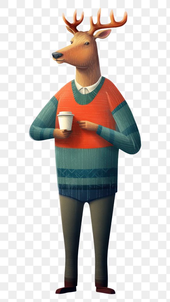 PNG Full body deer holding coffee cup sweater mammal adult. AI generated Image by rawpixel.