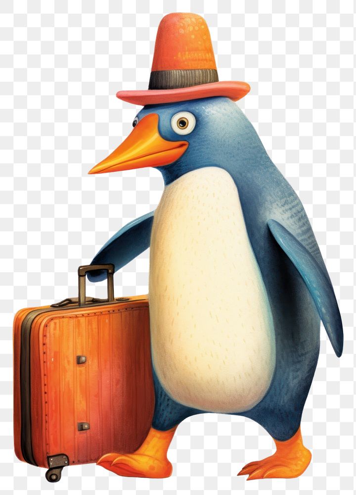 PNG Full body penguin wearing hat holding suitcase luggage bird white background. AI generated Image by rawpixel.