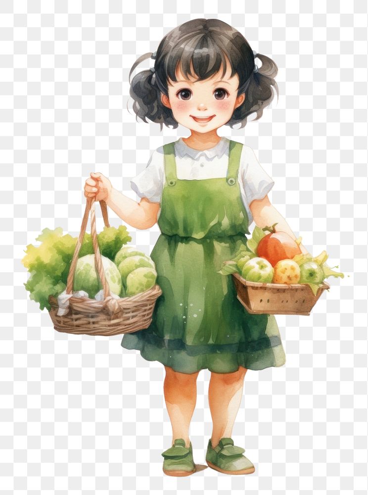PNG  Cute Vendors wear green aprons portrait cartoon basket. AI generated Image by rawpixel.