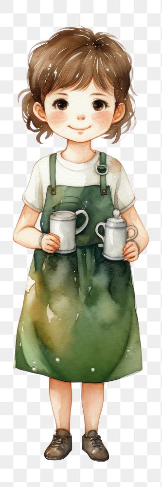 PNG  Cute Coffee shop staff wearing green aprons cartoon white background happiness. AI generated Image by rawpixel.