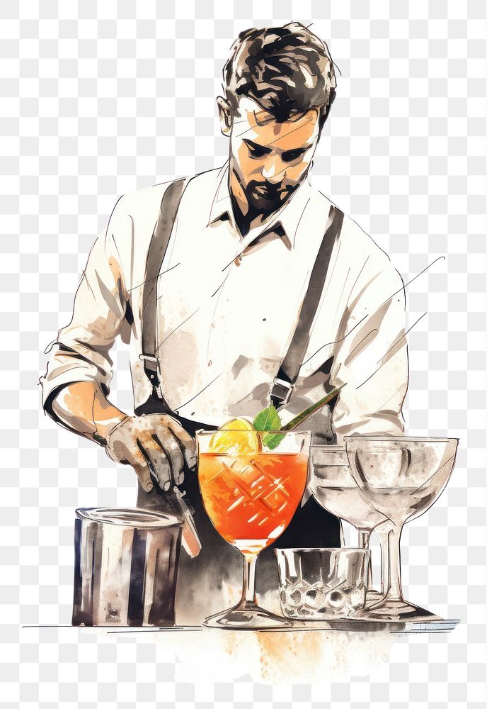 PNG A bartender making cocktail drawing adult drink. AI generated Image by rawpixel.