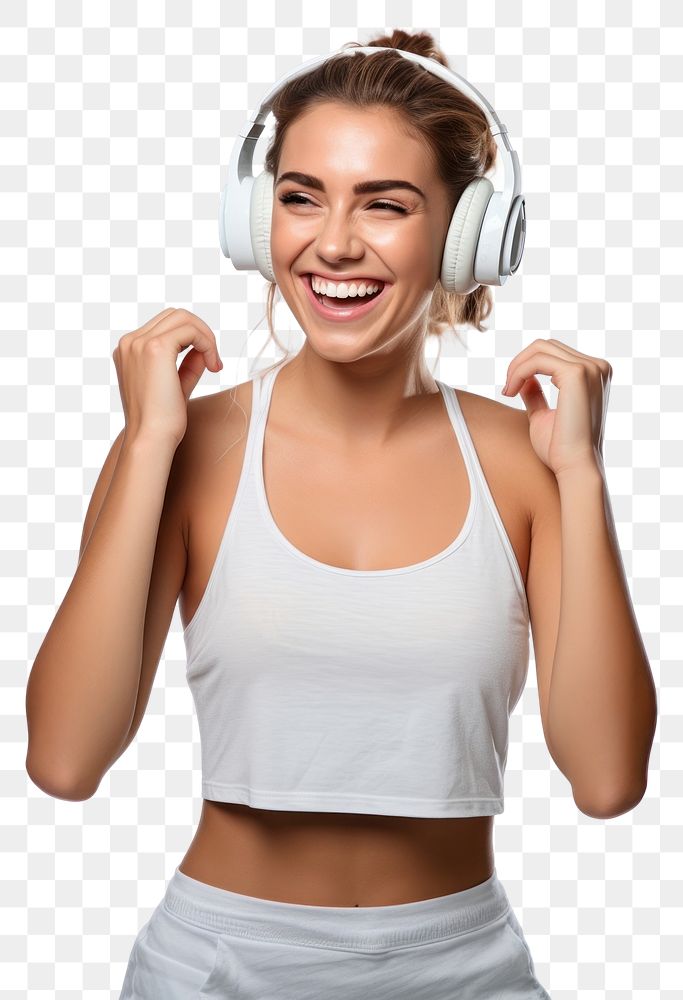PNG  A Beautiful woman wearing gym clothes and headphones dancing happily and cheerful listening headset smiling. 
