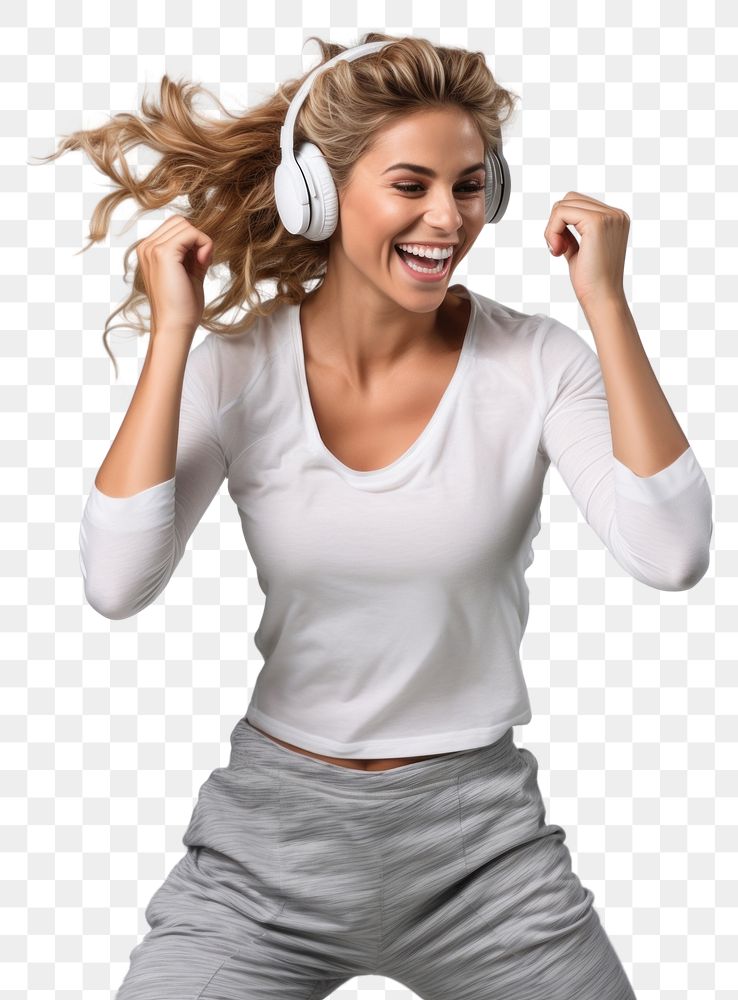 PNG  A Beautiful woman wearing gym clothes and headphones dancing happily and cheerful listening laughing shouting. AI…