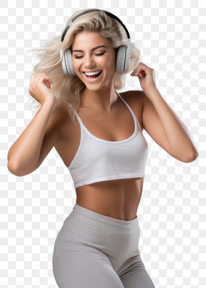 PNG  A Beautiful woman wearing gym clothes and headphones dancing happily and cheerful listening smiling smile. AI generated…