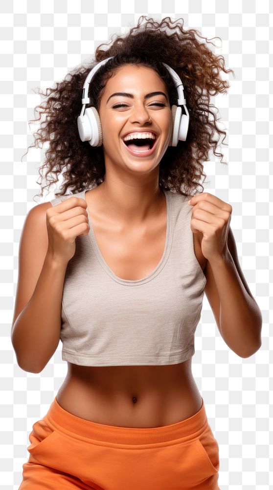 PNG  A Beautiful woman wearing gym clothes and headphones dancing happily and cheerful listening shouting laughing. .