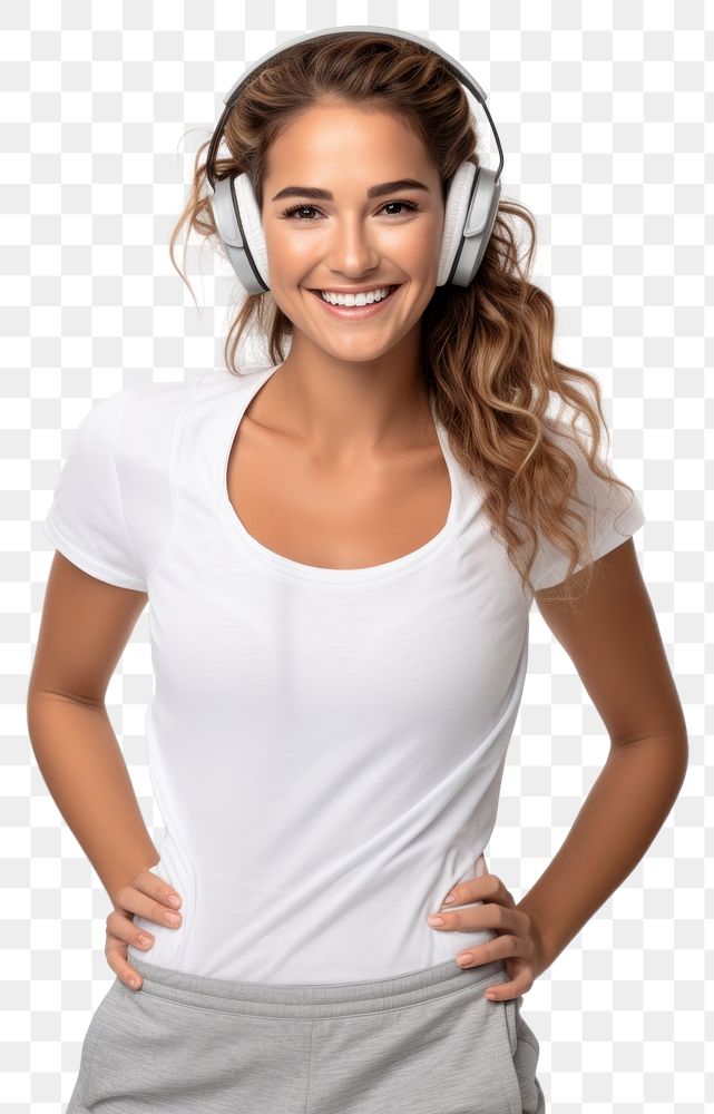 PNG  A Beautiful woman wearing gym clothes and headphones dancing happily and cheerful listening portrait headset. AI…