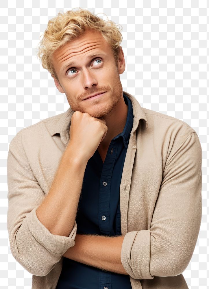 PNG  A european blonde man with hand on his chin thinking about question portrait adult photo. AI generated Image by…