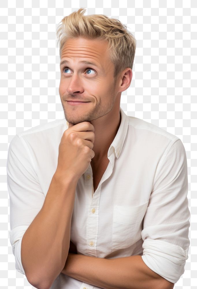 PNG  A european blonde man with hand on his chin thinking about question portrait smiling adult. AI generated Image by…