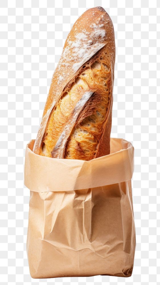 PNG  A Freshly baked baguette in brown paper bag bread food white background. AI generated Image by rawpixel.