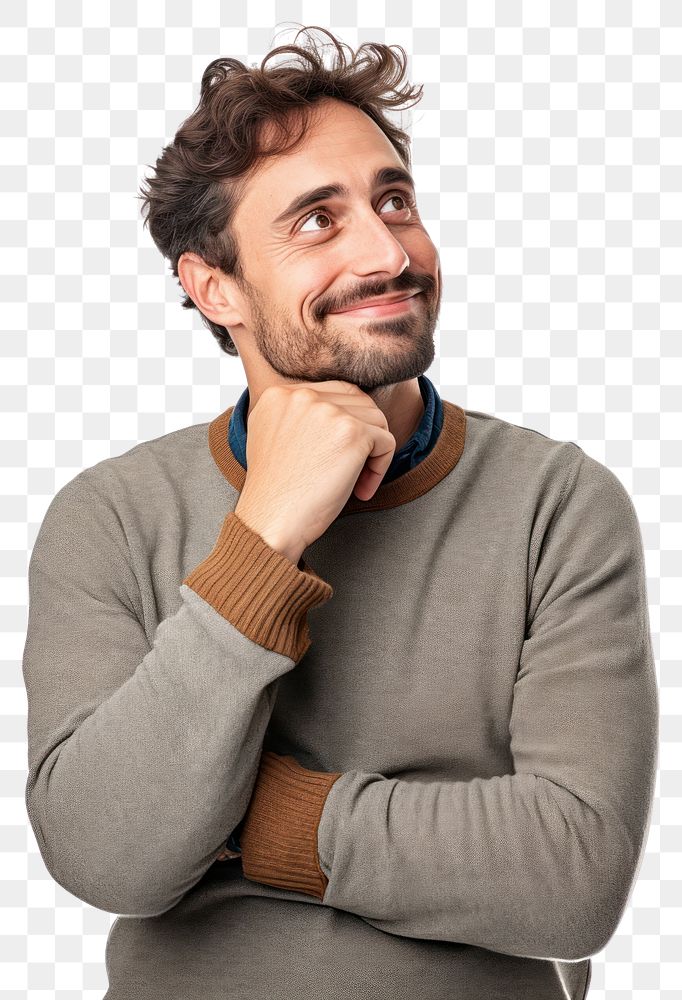 PNG  A man with hand on his chin thinking about question portrait sweater smiling. AI generated Image by rawpixel.