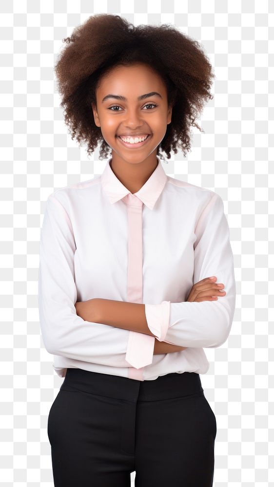 PNG A Portrait of a smiling teenage african girl in t-shirt portrait blouse adult. AI generated Image by rawpixel.