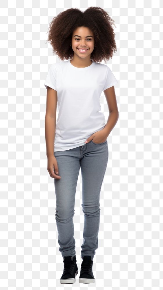 PNG A Portrait of a smiling teenage african girl in t-shirt standing portrait looking. AI generated Image by rawpixel.