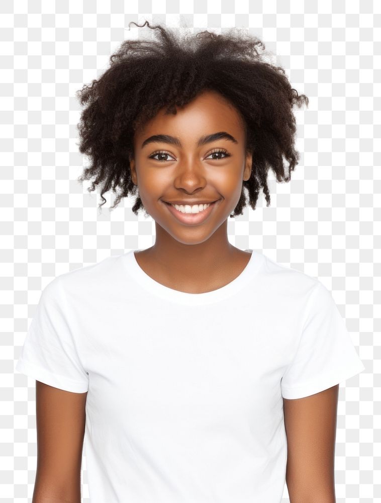 PNG A Portrait of a smiling teenage african girl in t-shirt portrait smile white. AI generated Image by rawpixel.