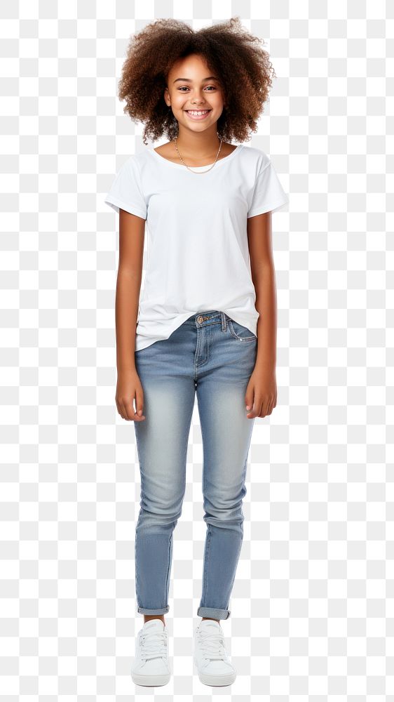 PNG A Portrait of a smiling teenage african girl in t-shirt portrait looking jeans. AI generated Image by rawpixel.