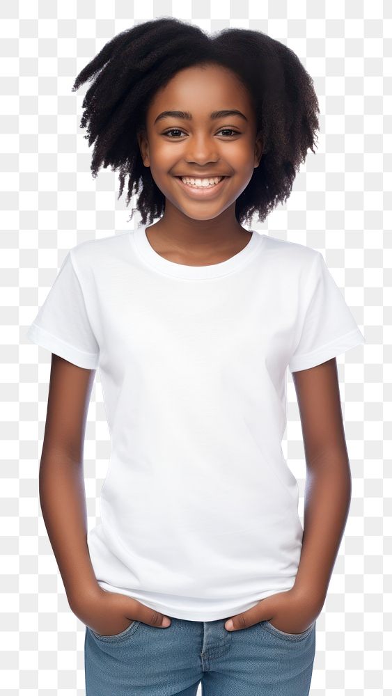 PNG A Portrait of a smiling teenage african girl in t-shirt portrait sleeve blouse. AI generated Image by rawpixel.