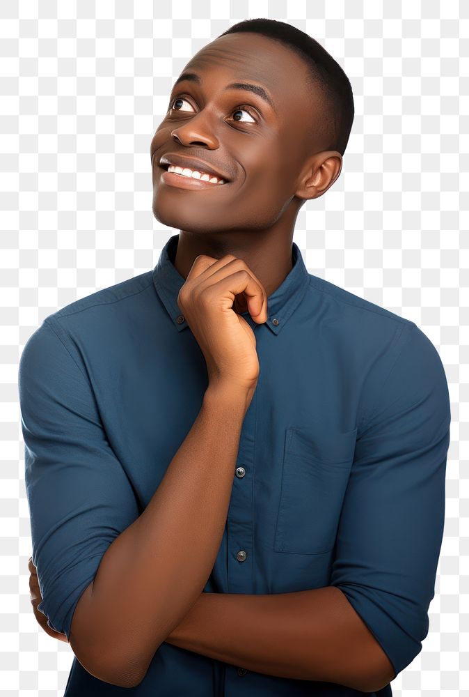 PNG A Portrait of an african young man thinking happily portrait adult smile. AI generated Image by rawpixel.