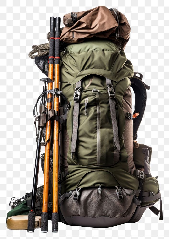 PNG A rucksack with Hiking equipment backpack travel bag. AI generated Image by rawpixel.
