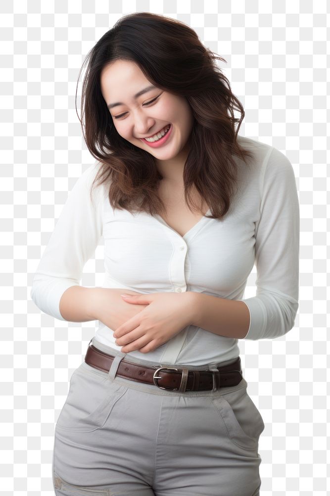 PNG A woman touching her stomach happily sleeve adult smile. AI generated Image by rawpixel.