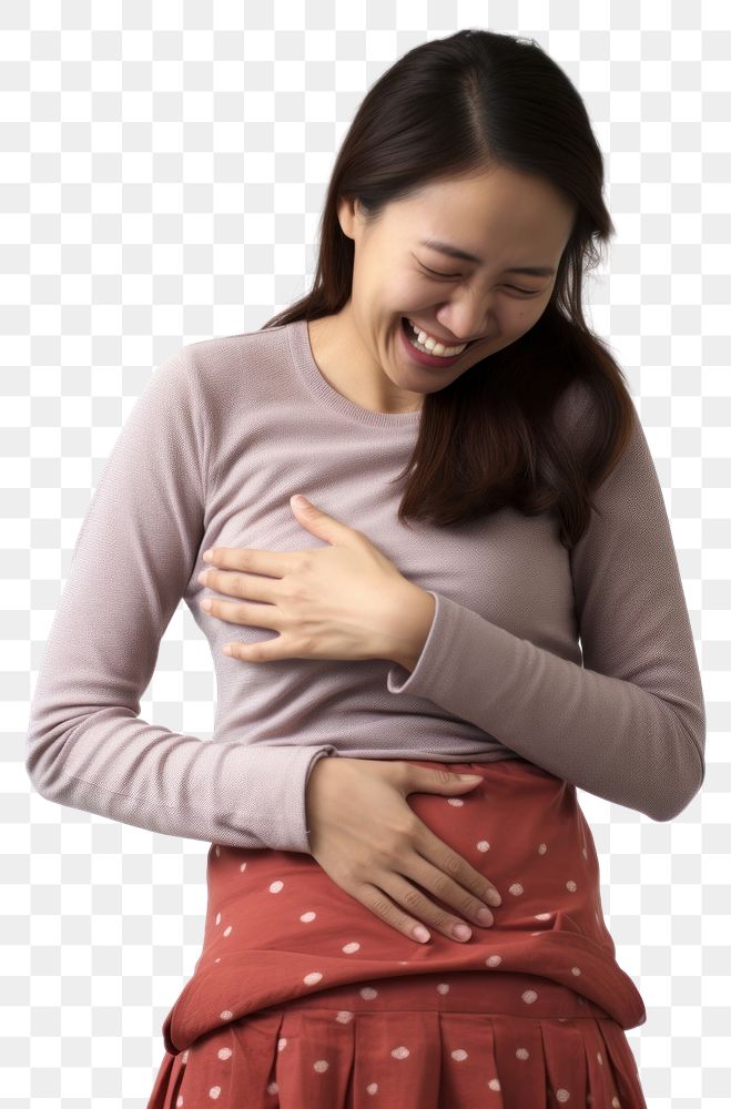PNG A woman touching her stomach happily smile adult white background. AI generated Image by rawpixel.