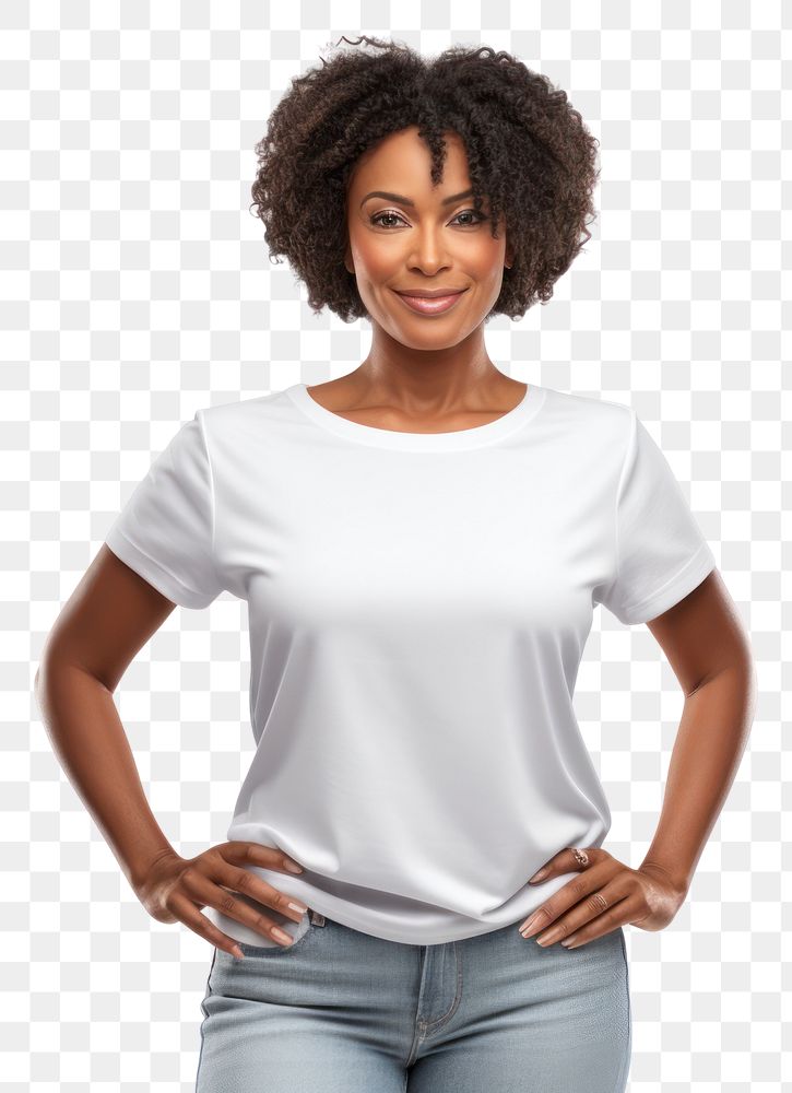 PNG  African american middle age woman standing t-shirt sleeve pocket. AI generated Image by rawpixel.