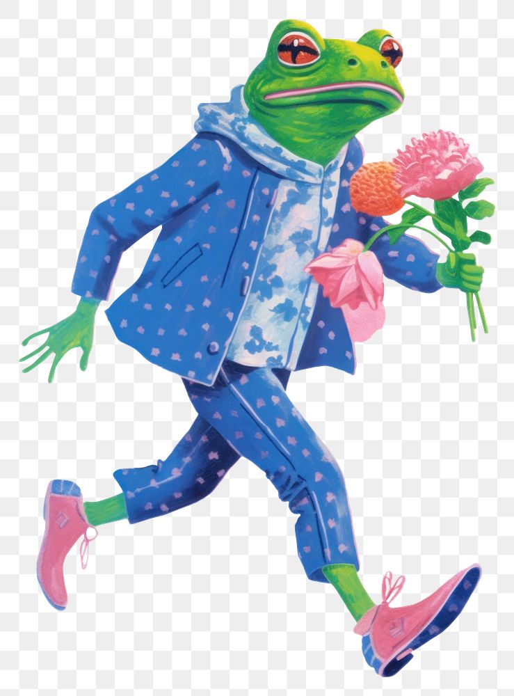 PNG A cartoon Frog holding a bunch of flowers frog amphibian painting