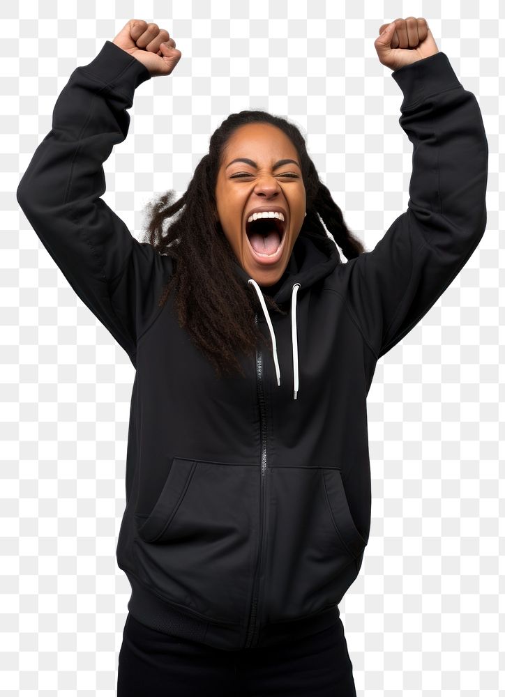 PNG  Black woman shouting white background excitement. AI generated Image by rawpixel.