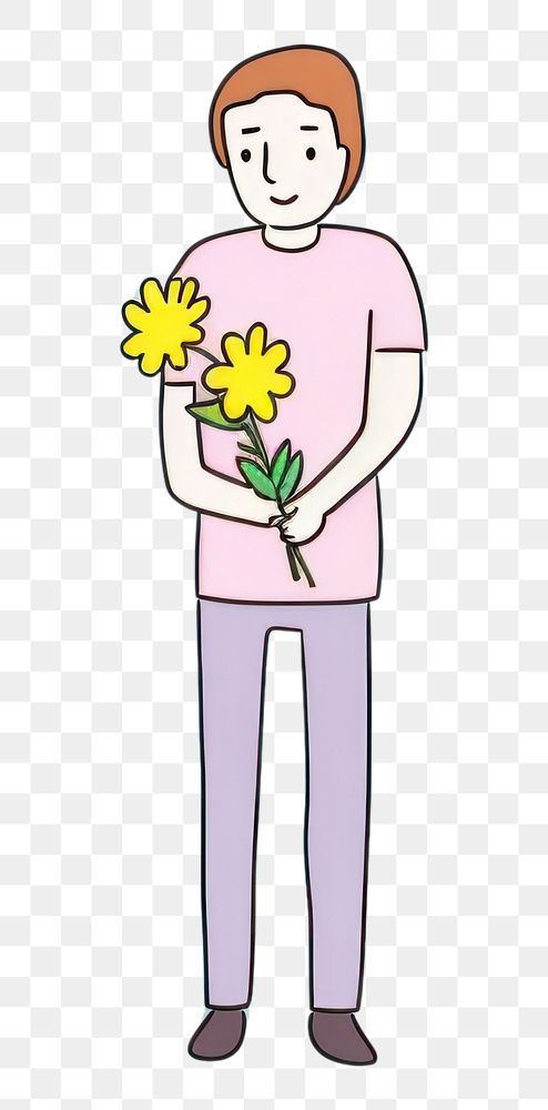 PNG Man holding flower cartoon drawing plant. AI generated Image by rawpixel.