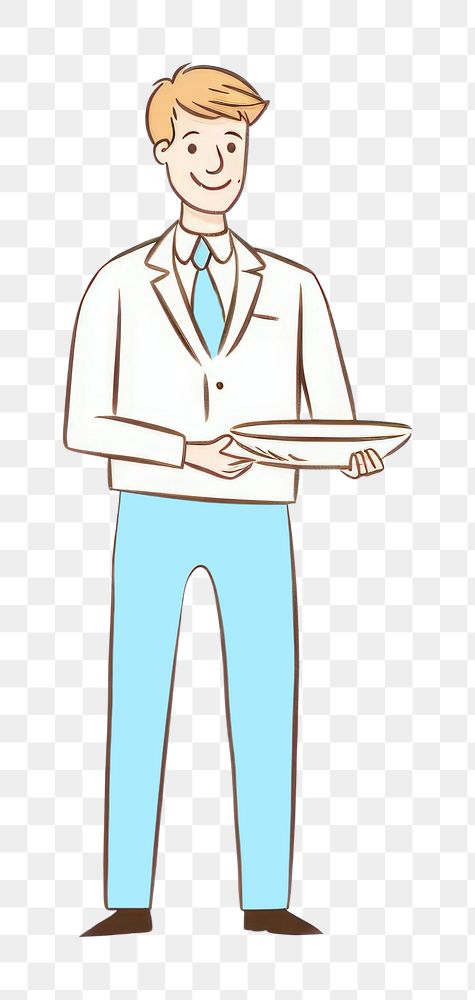 PNG Waiter holding suit holding empty tray drawing cartoon sketch. AI generated Image by rawpixel.