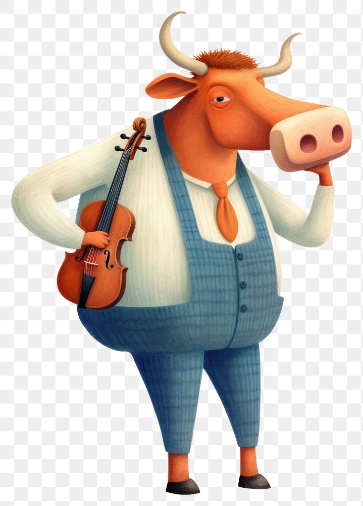 PNG Cartoon cow wearing pants playing violin livestock animal mammal. AI generated Image by rawpixel.