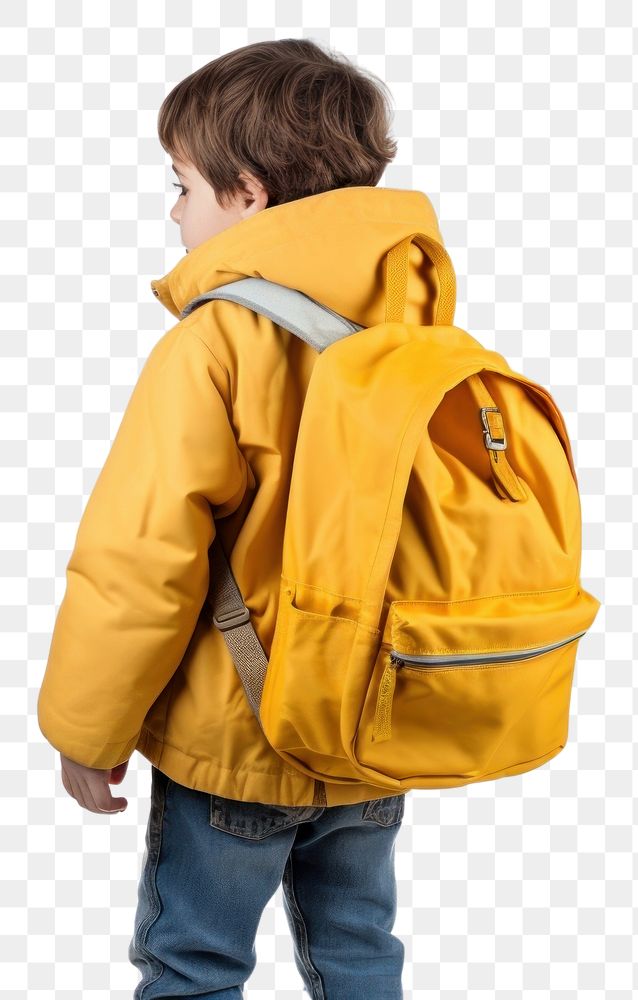 PNG A child wearing yellow backpack raincoat jacket bag. 