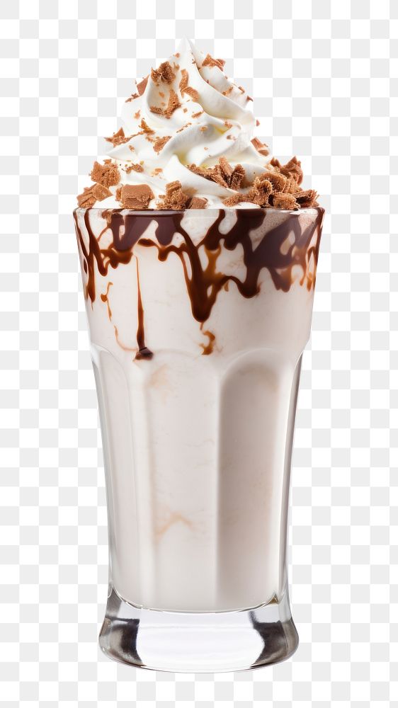PNG Fountain glass of chocolate milkshake cream dessert sundae. 